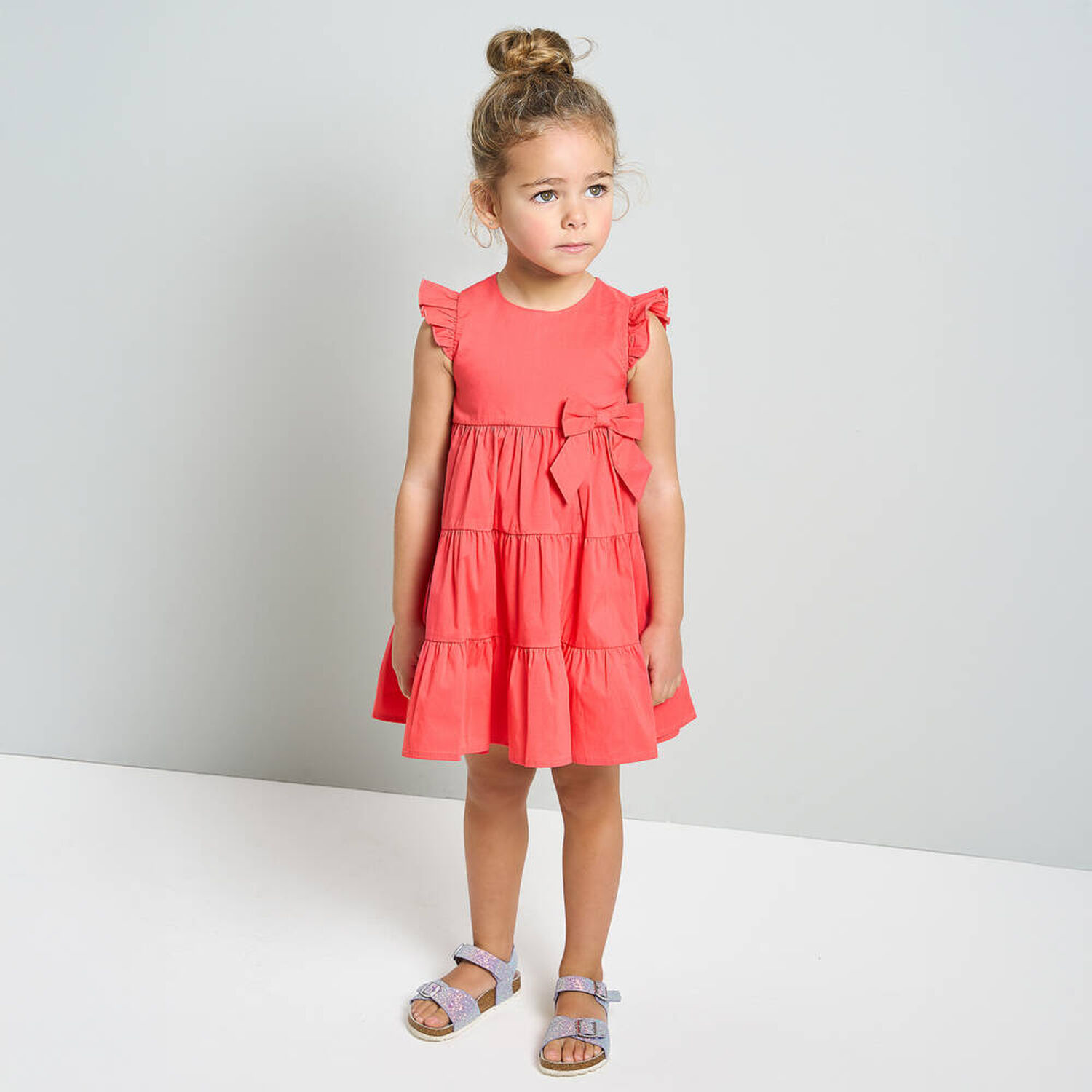 Girls Pink Bow Tiered Dress, 1, hi-res