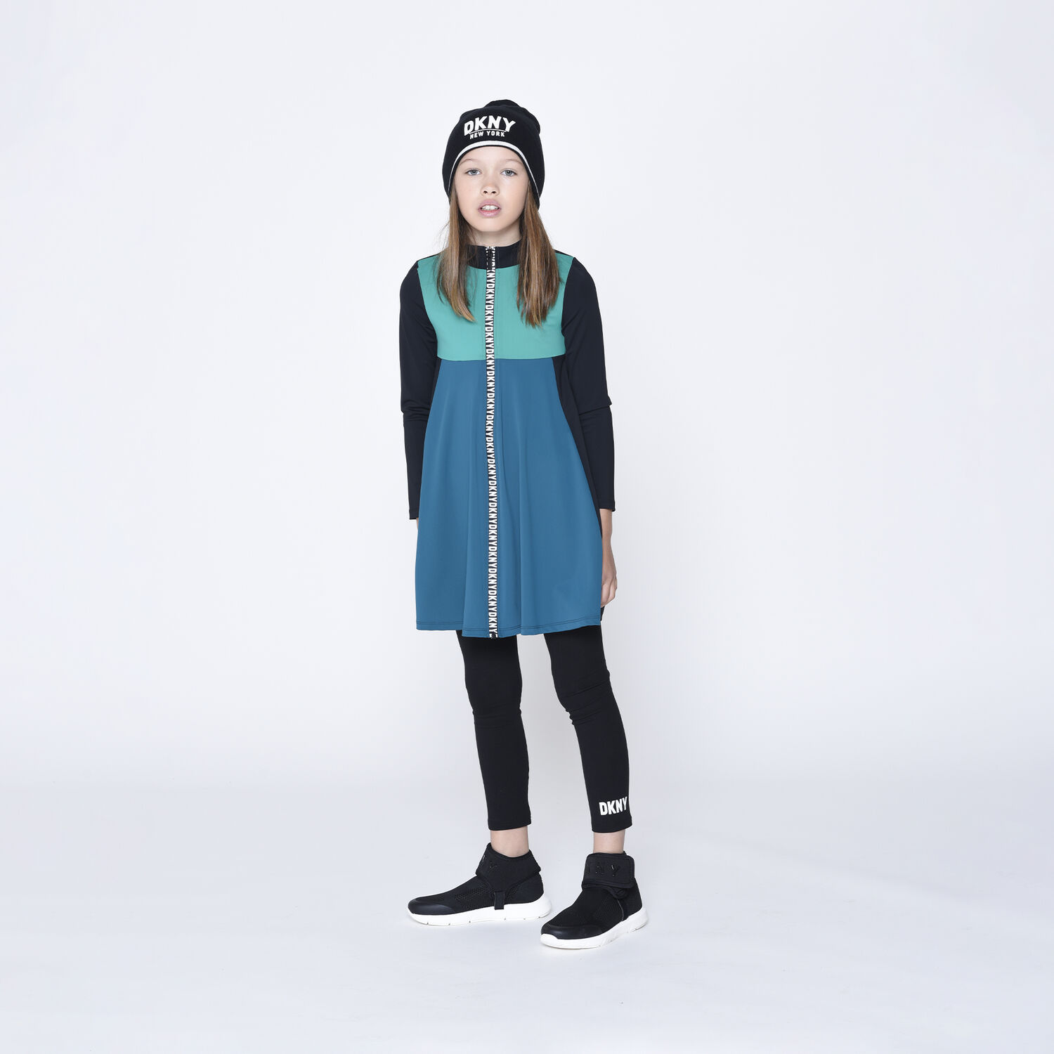 Girls Green, Blue & Black Logo Dress, 2, hi-res