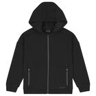 Boys Black Hooded Zip Up Top , 1, hi-res