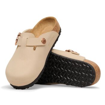 Girls Beige Flower Buckle Leather Clog