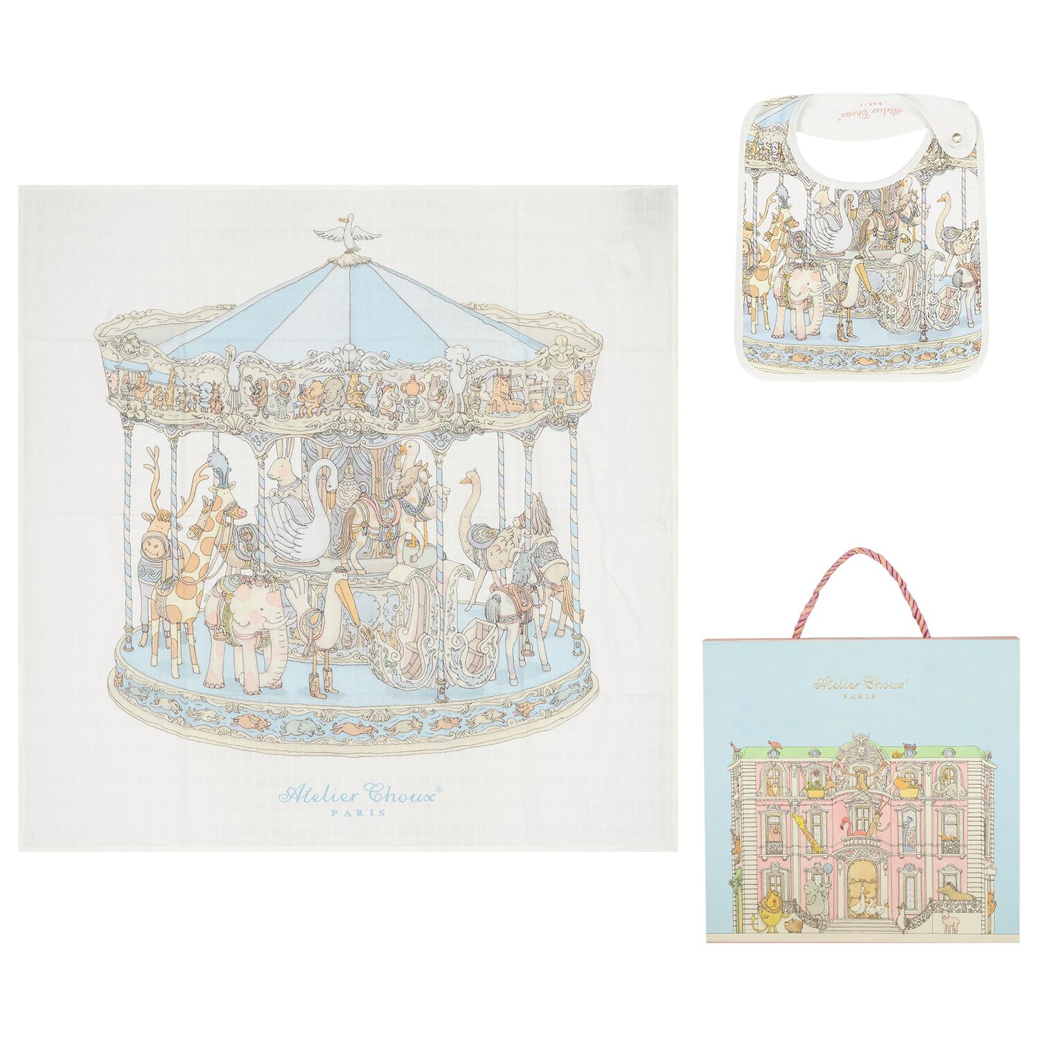 Baby Boys Ivory & Blue Carousel Carr&eacute; Swaddle & Bib Gift Set, 1, hi-res