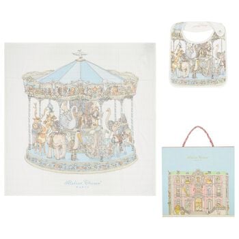 Baby Boys Ivory & Blue Carousel Carr&eacute; Swaddle & Bib Gift Set