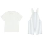 Baby Boys White & Blue Striped Logo Dungaree Set, 2, hi-res