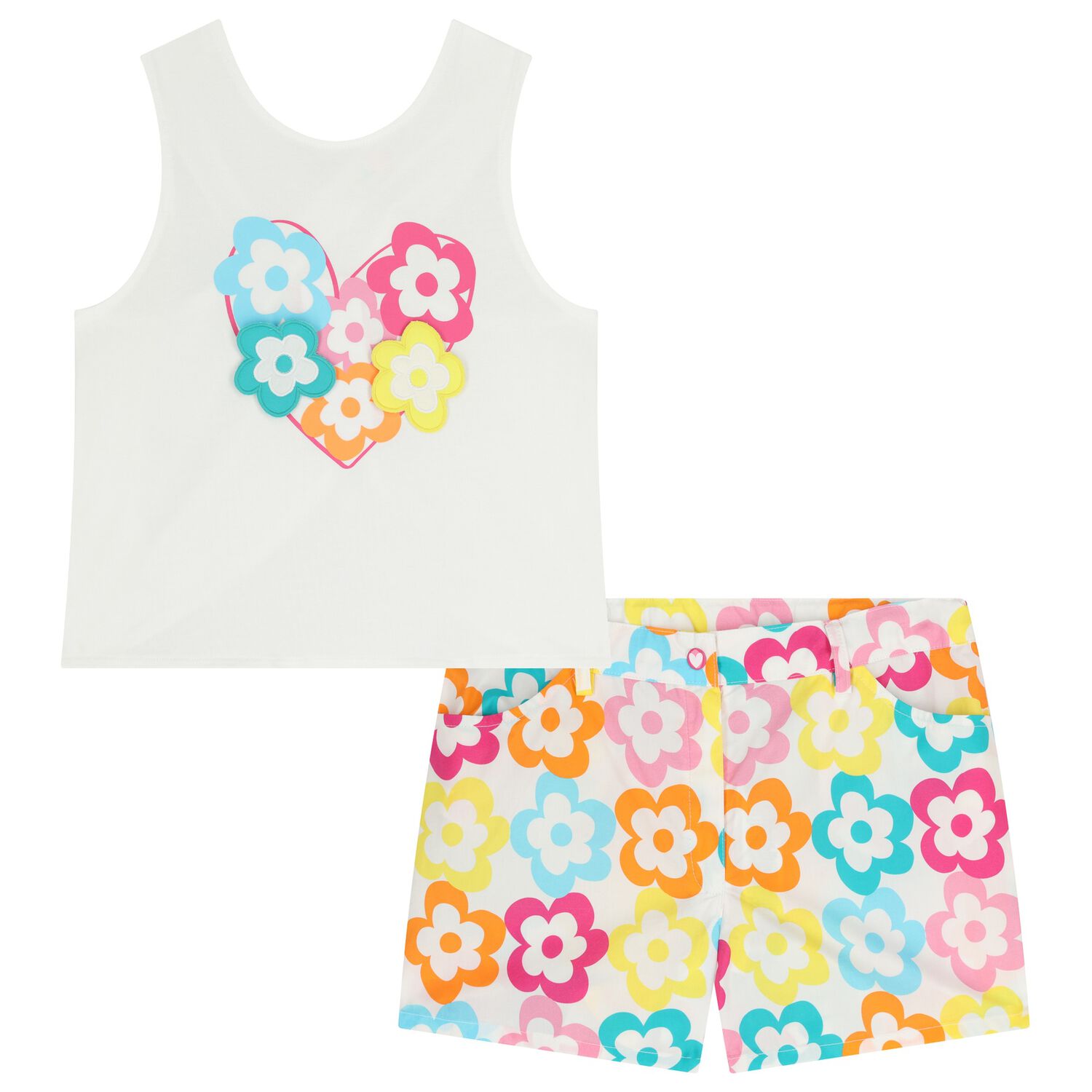 Girls White Flower Shorts Set, 1, hi-res