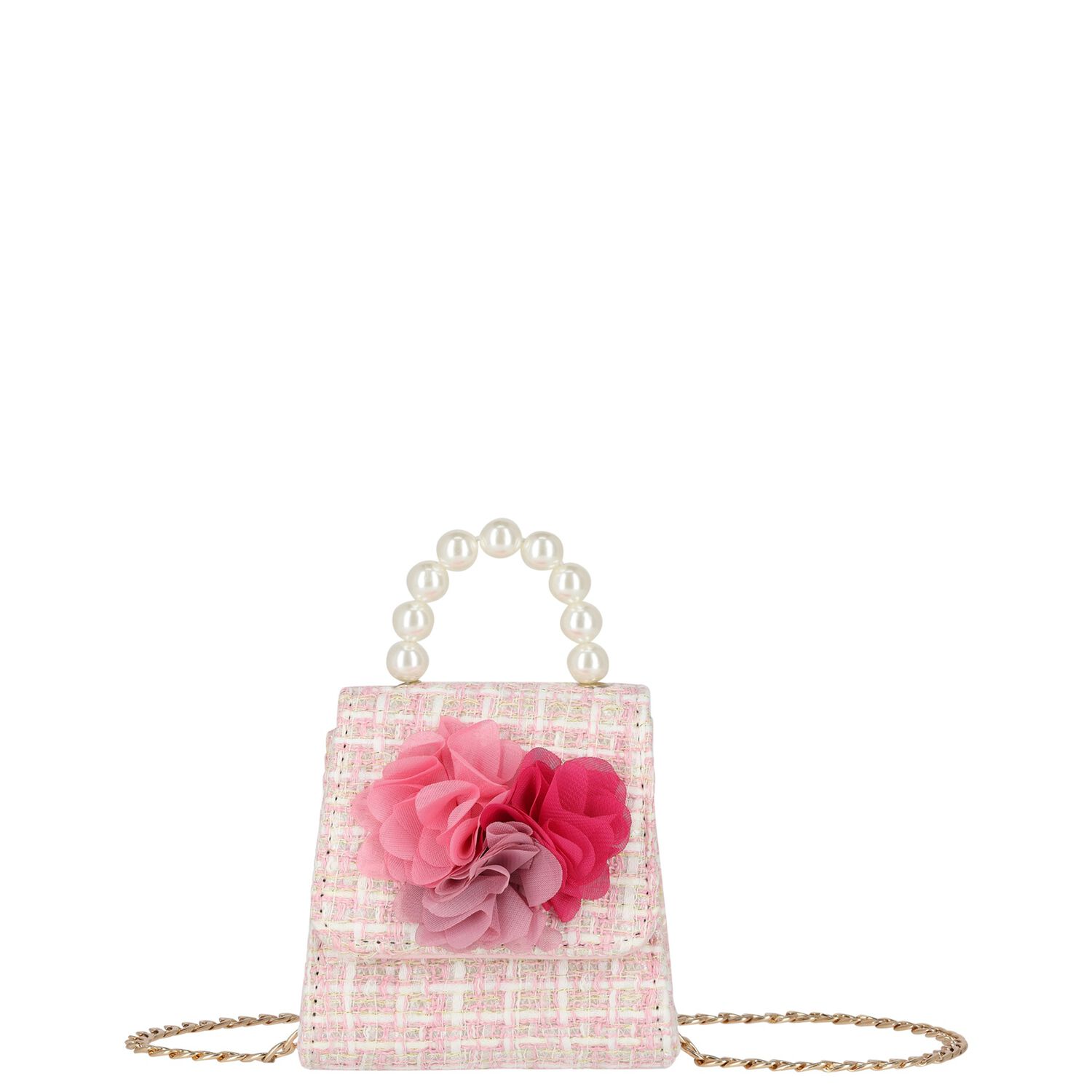 Girls Pink Flower Tweed Handbag, 1, hi-res image number null