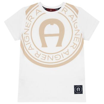 Boys White & Beige Logo T-Shirt