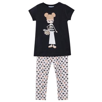Girls Black & Beige Cotton Printed Leggings Set