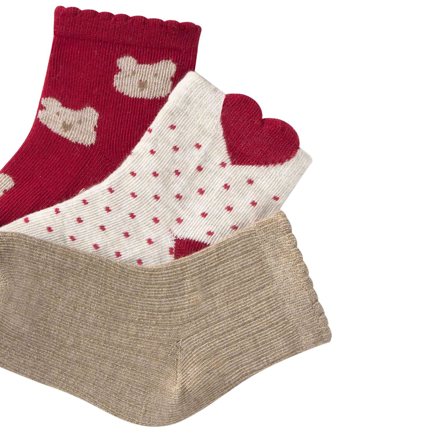 Younger Girls Red, Ivory & Beige Socks ( 3 Pack ), 3, hi-res image number null