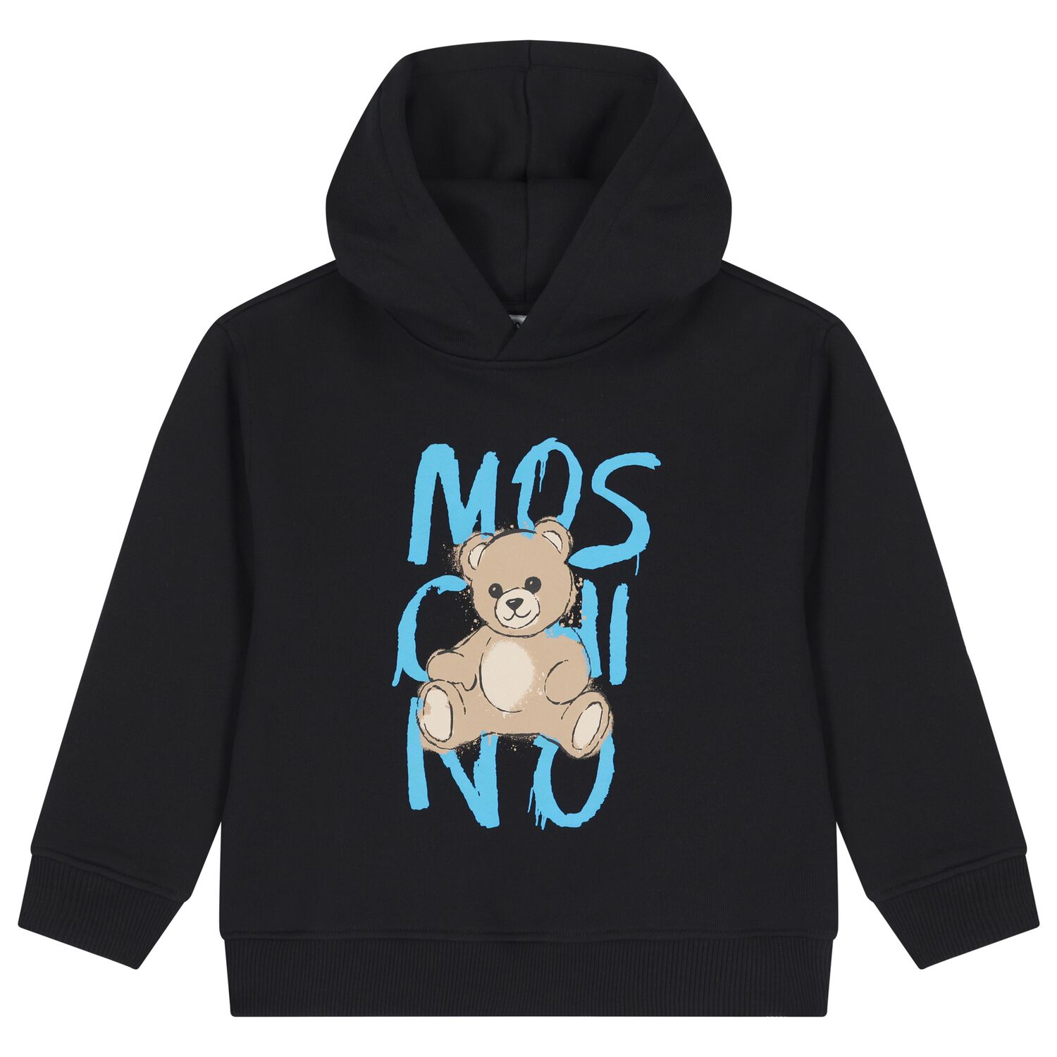 Boys Black Teddy Bear Logo Hooded Top, 1, hi-res