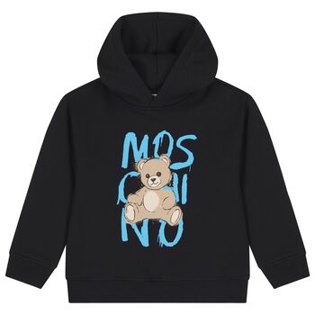 Boys Black Teddy Bear Logo Hooded Top