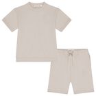 Boys Beige Logo Shorts Set, 1, hi-res