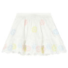 Girls White Embroidered Flower Skirt, 1, hi-res
