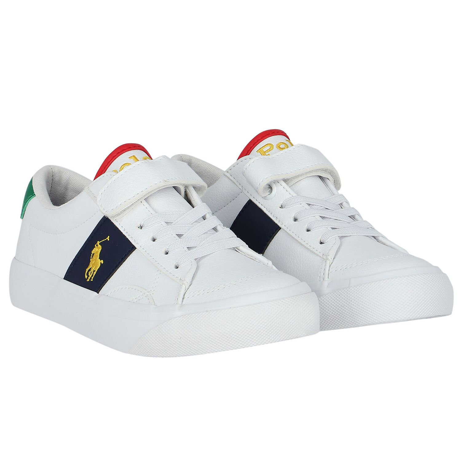 Boys White & Navy Blue Logo Trainers, 1, hi-res