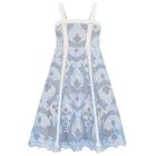 Girls White & Blue Embroidery Maxi Dress, 1, hi-res