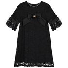 Girls Black Lace & Satin Bow Dress, 1, hi-res