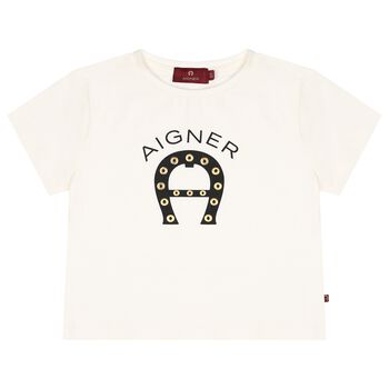 Girls Ivory & Black Logo T-Shirt