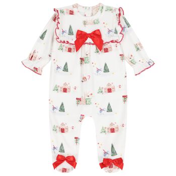 Baby Girls Ivory & Red Satin Bow Christmas Babygrow 