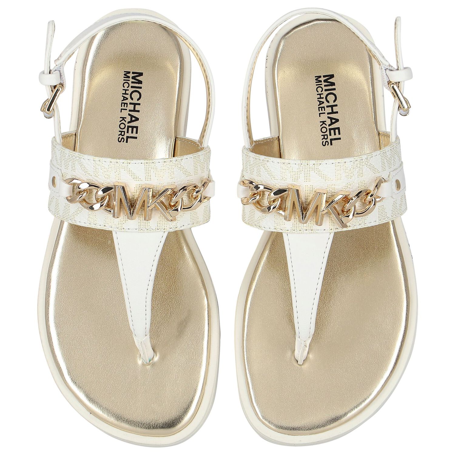 Girls Ivory & Gold Logo Sandals, 1, hi-res