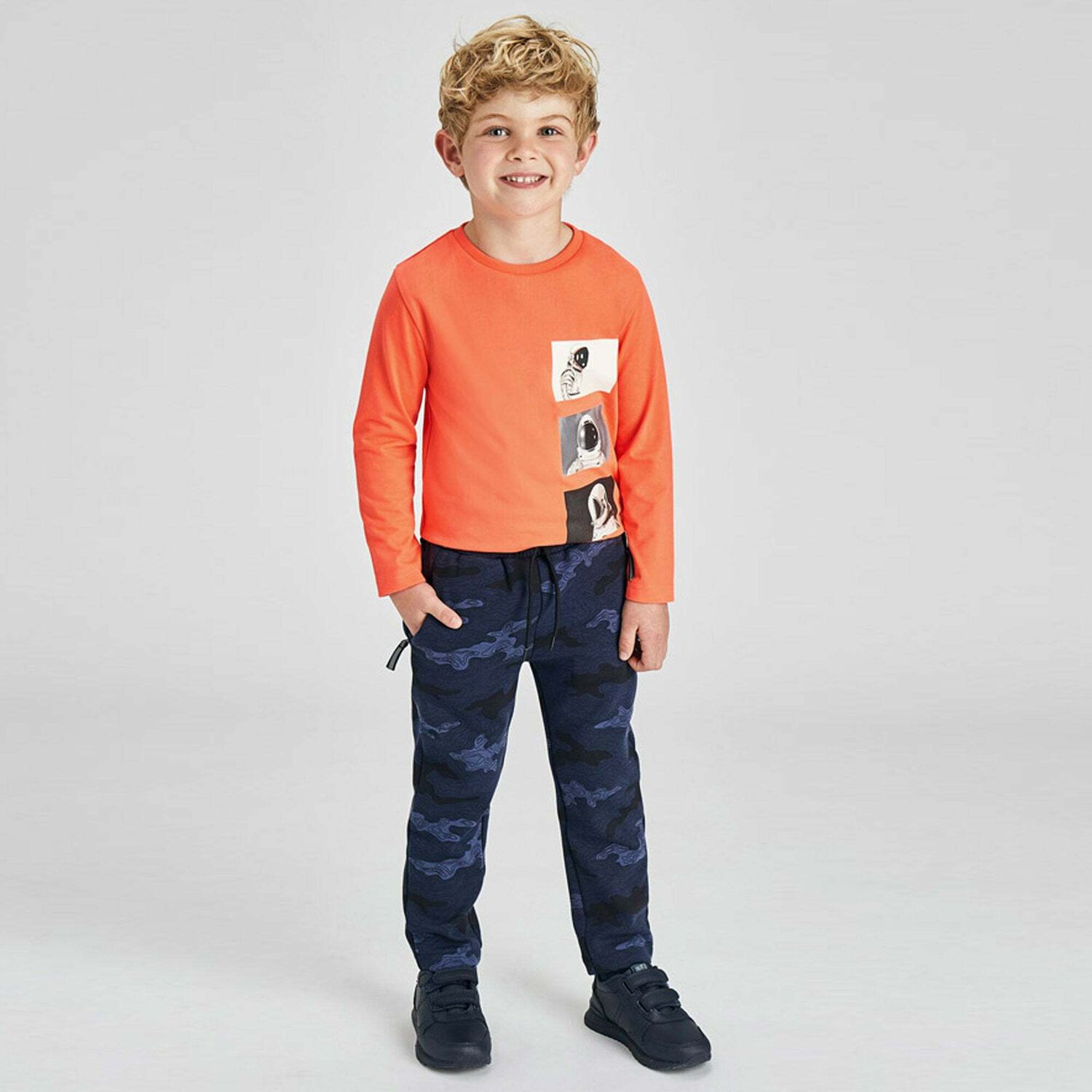 Boys Navy Camouflaged Trousers, 1, hi-res
