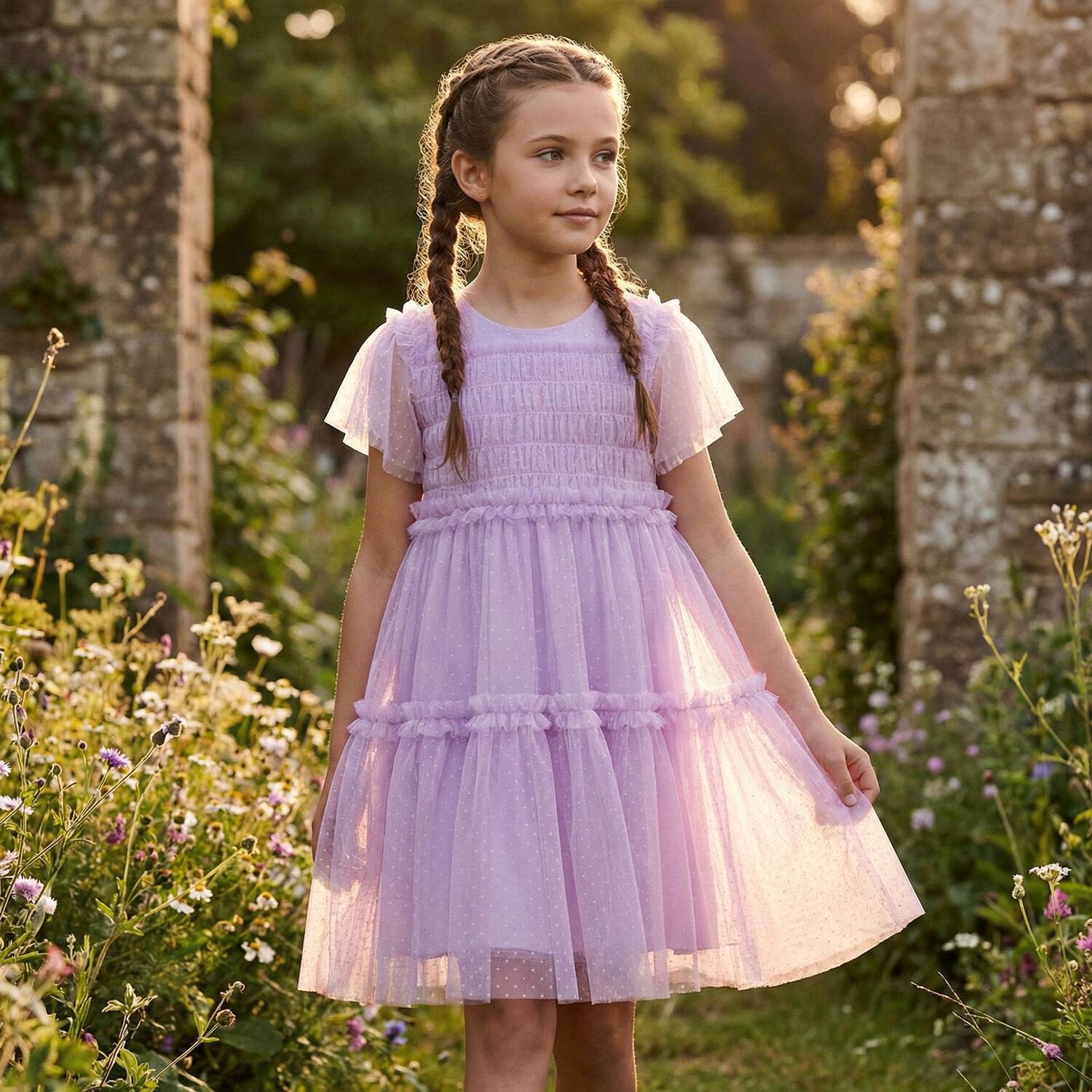 Girls Lilac Tulle Dress, 2, hi-res