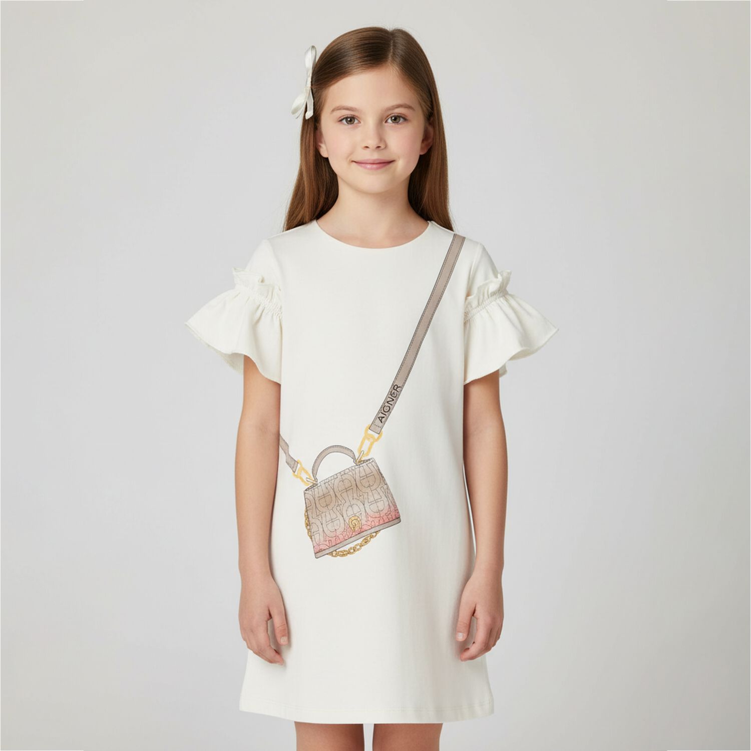 Girls Ivory Bag Ruffle Dress, 1, hi-res