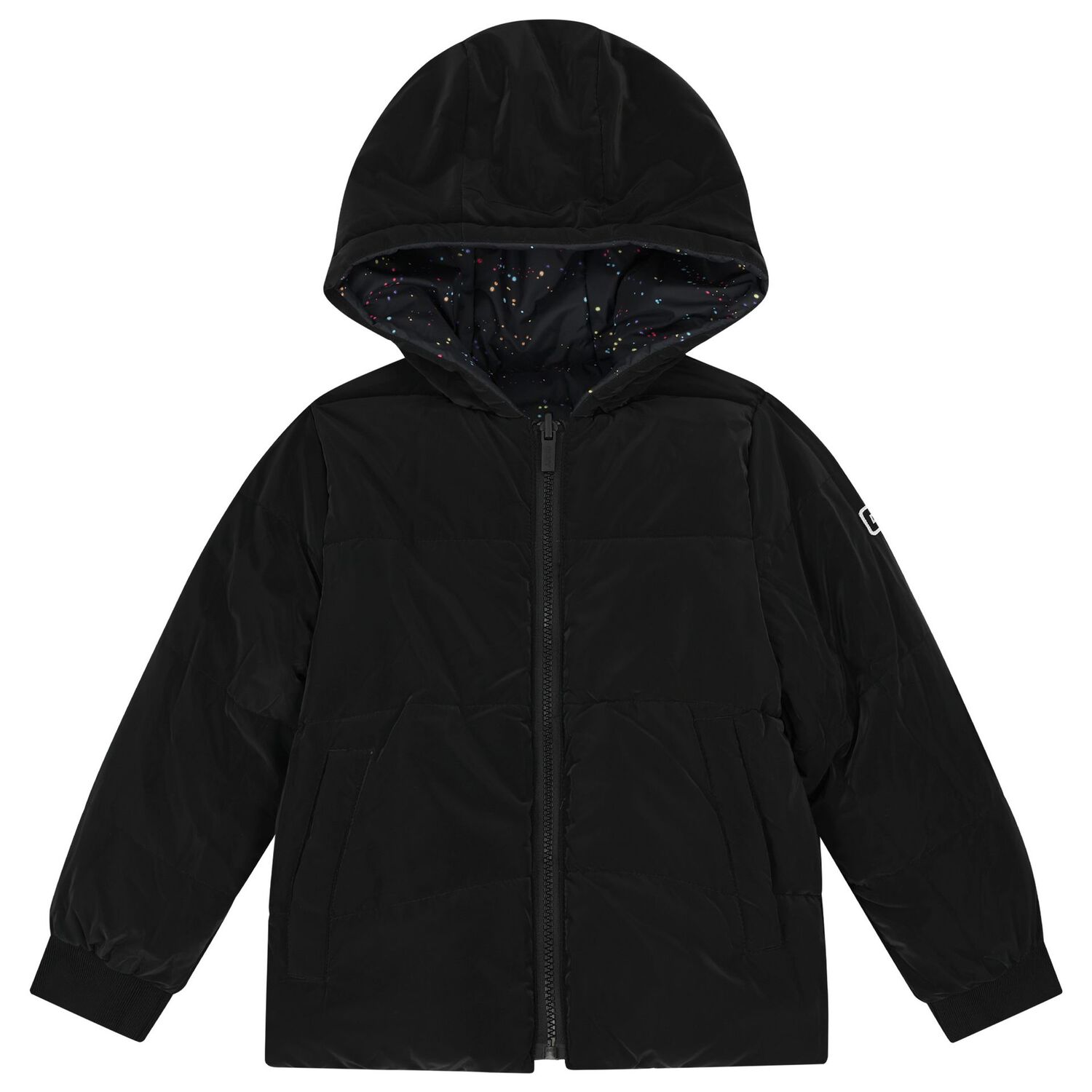 Girls Black Reversible Puffer Jacket, 1, hi-res image number null
