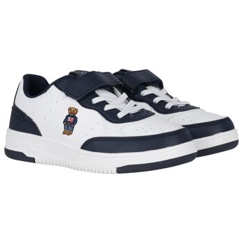 Boys White & Navy Blue Logo Trainers