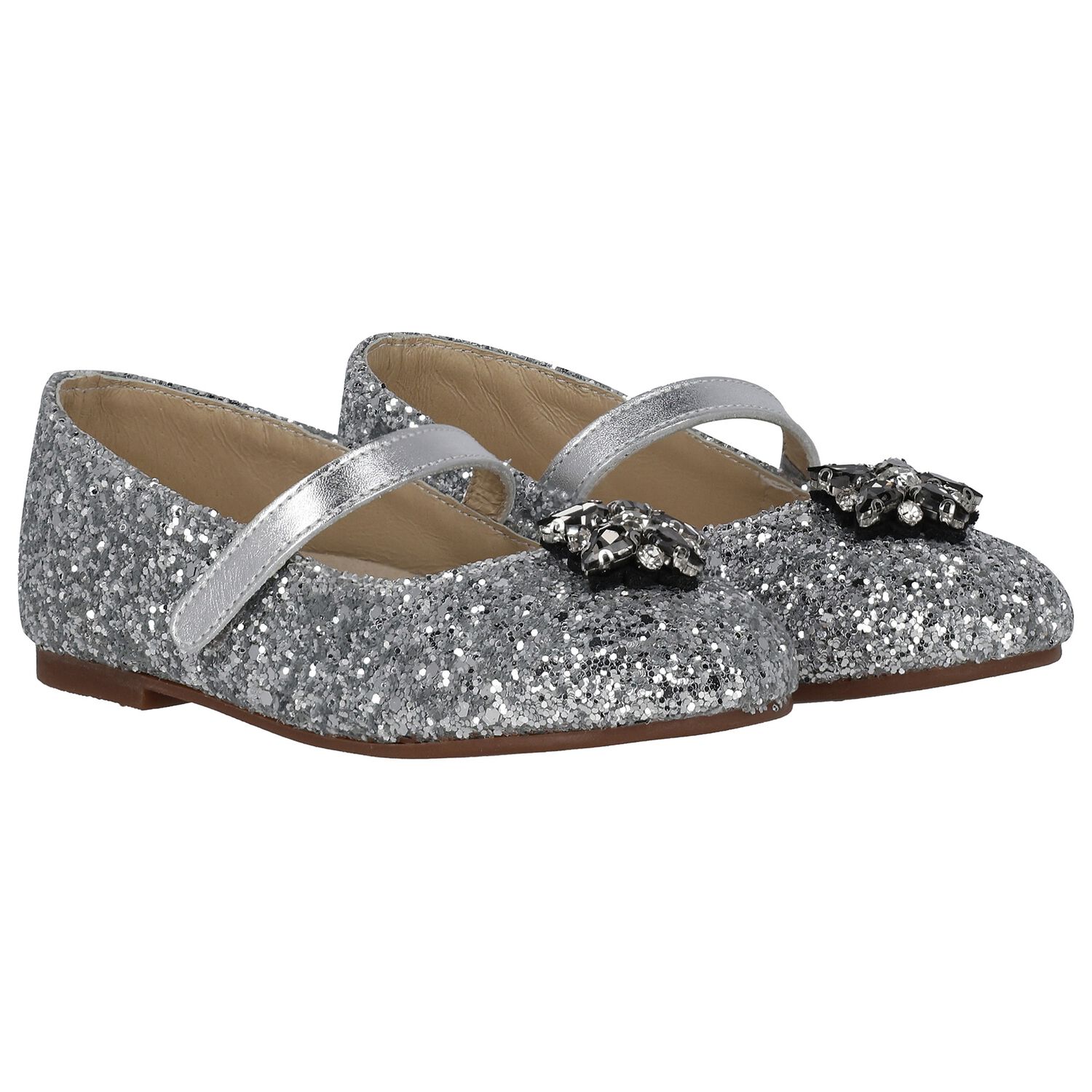 Girls Silver Embellished Ballerina Shoes, 1, hi-res