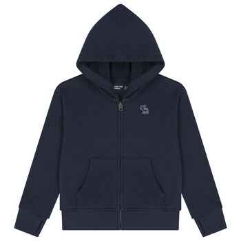 Boys Navy Blue Logo Hooded Zip Up Top