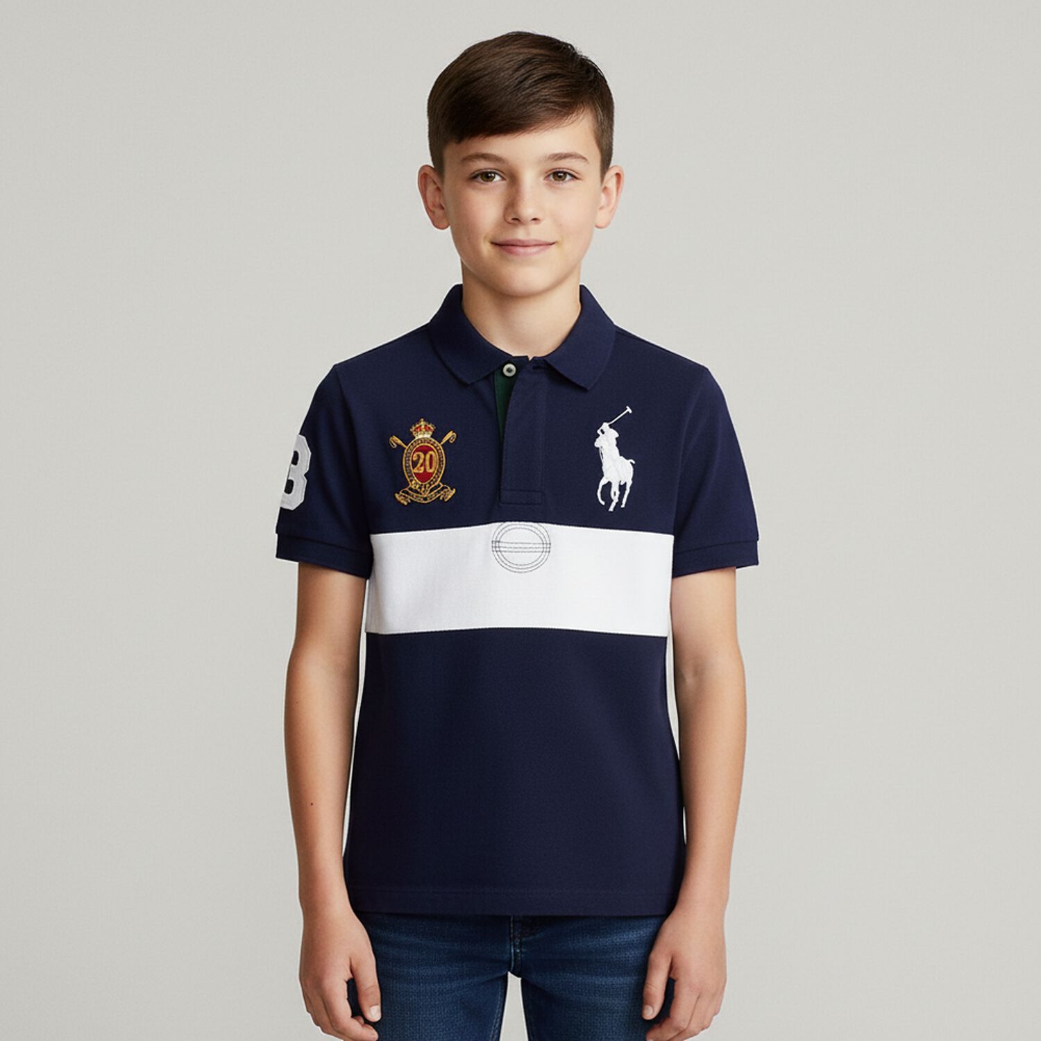 Boys Navy Blue & White Pony Logo Polo Shirt, 1, hi-res