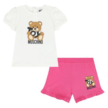 Younger Girls Ivory & Pink Teddy Bear Logo Shorts Set