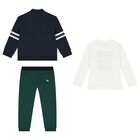 Boys White, Green & Navy Blue 3 Piece Tracksuit, 1, hi-res