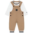 Baby Boys Beige & White Logo Dungaree Gift Set, 1, hi-res