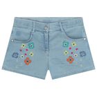 Girls Denim Blue Embroidered Flower Shorts, 1, hi-res