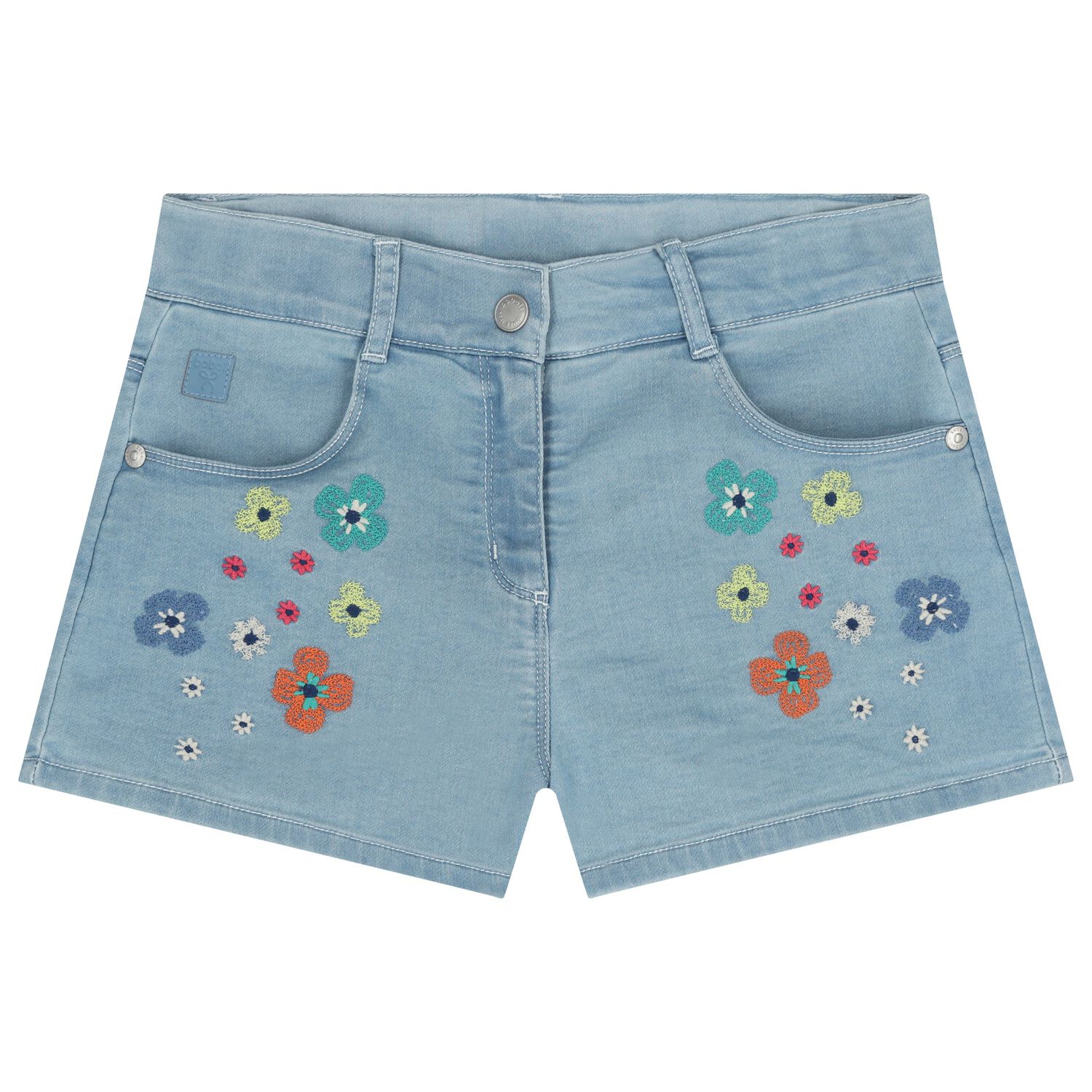 Girls Denim Blue Embroidered Flower Shorts, 1, hi-res
