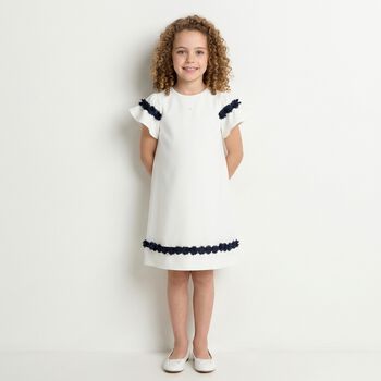 Girls Ivory & Navy Blue Flower Crepe Dress