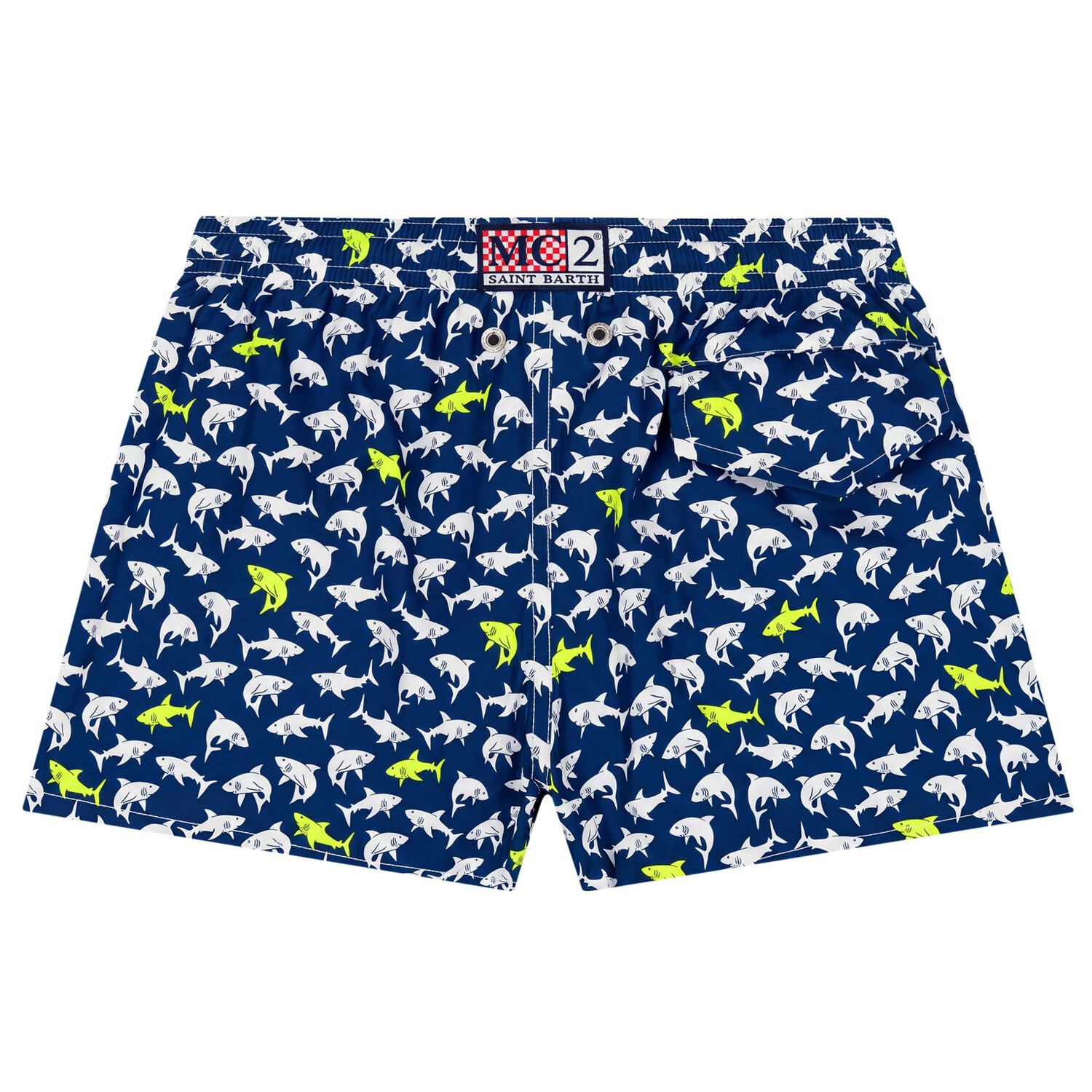 Boys Navy Blue Sharks Swim Shorts, 1, hi-res