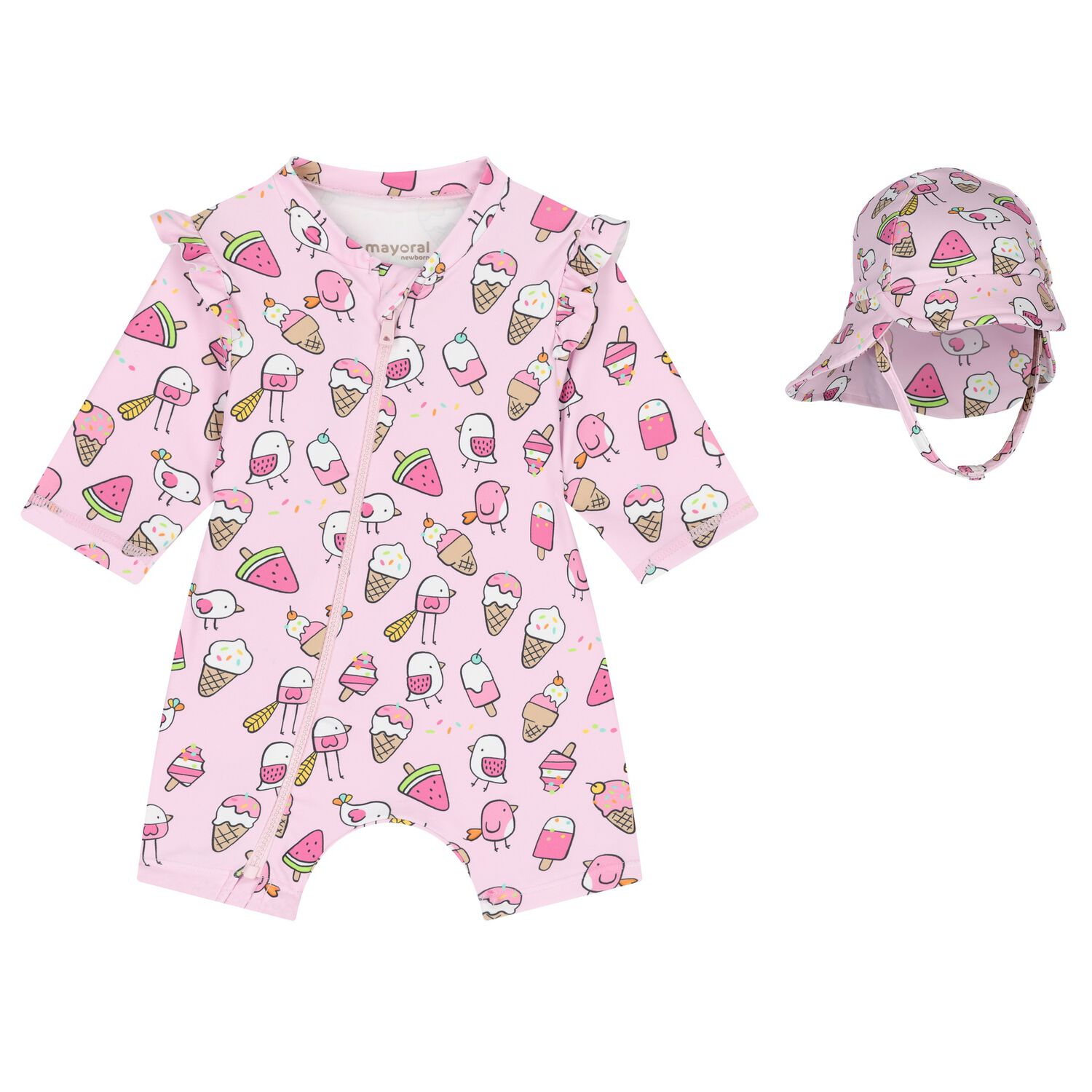 Baby Girls Pink Sun Suit & Hat Set (UPF40+), 2, hi-res