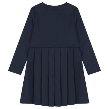 Girls Navy Blue Logo Pleated Dress