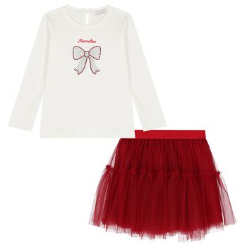 Girls White & Red Tulle Skirt Set