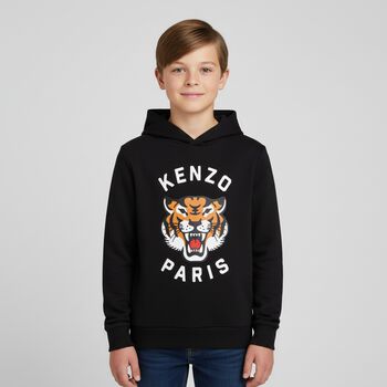 Boys Black Tiger Logo Hooded Top