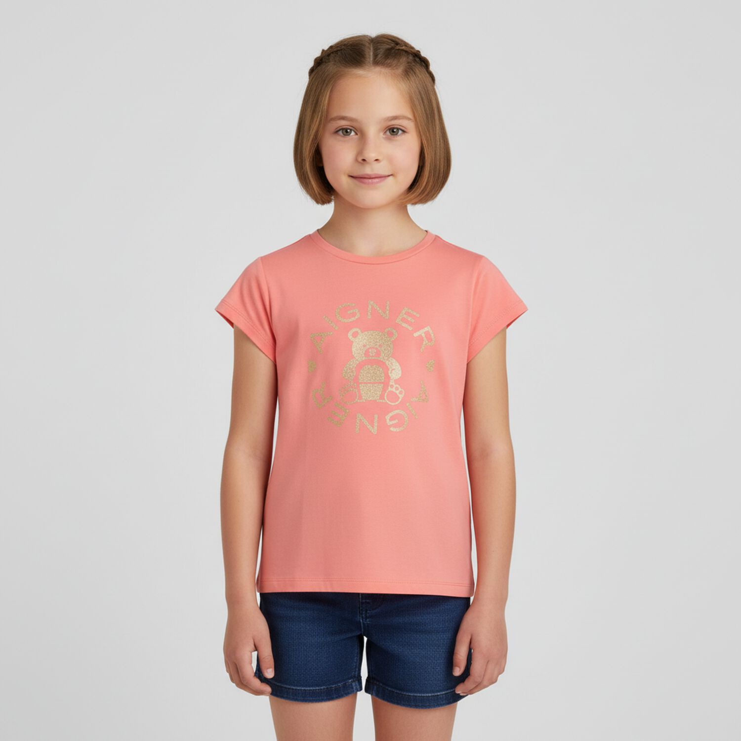 Girls Coral Pink Bear Logo T-Shirt, 4, hi-res image number null