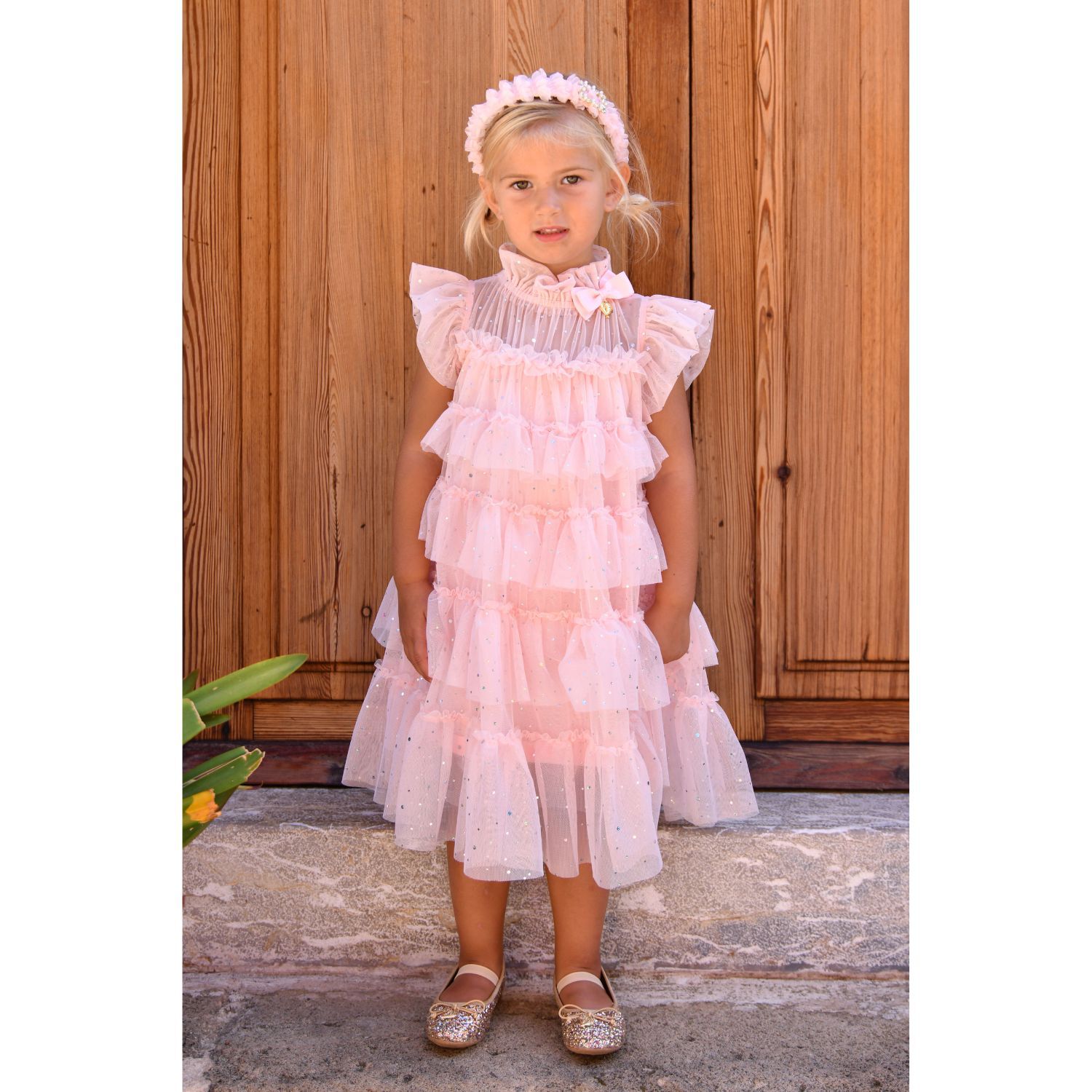 Girls Pink Embellished Tiered Tulle Dress, 2, hi-res image number null