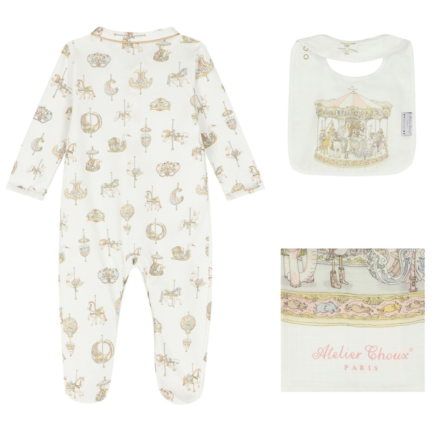 Baby Girls Ivory & Pink Carousel Babygrow Gift Set, 1, hi-res