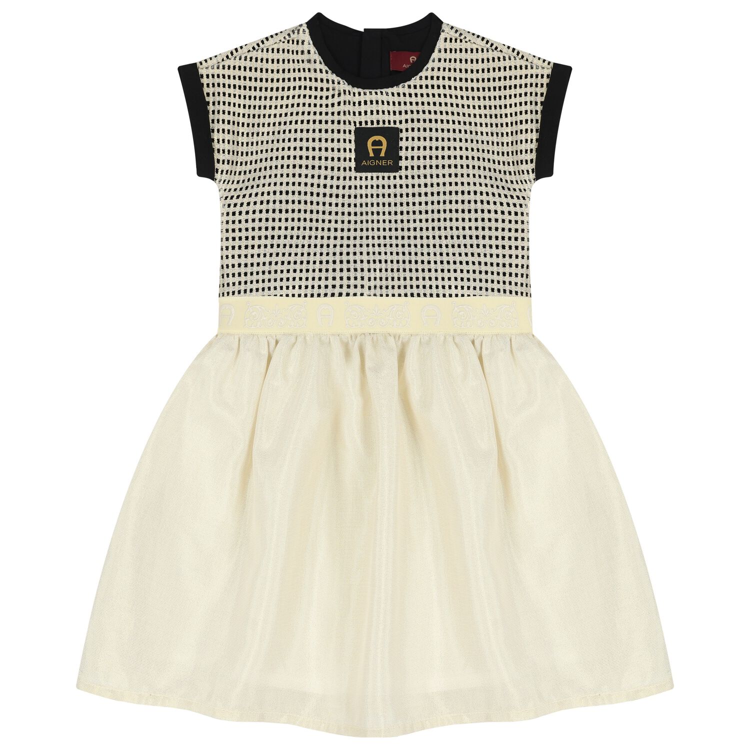 Girls Black & Gold Logo Dress, 2, hi-res