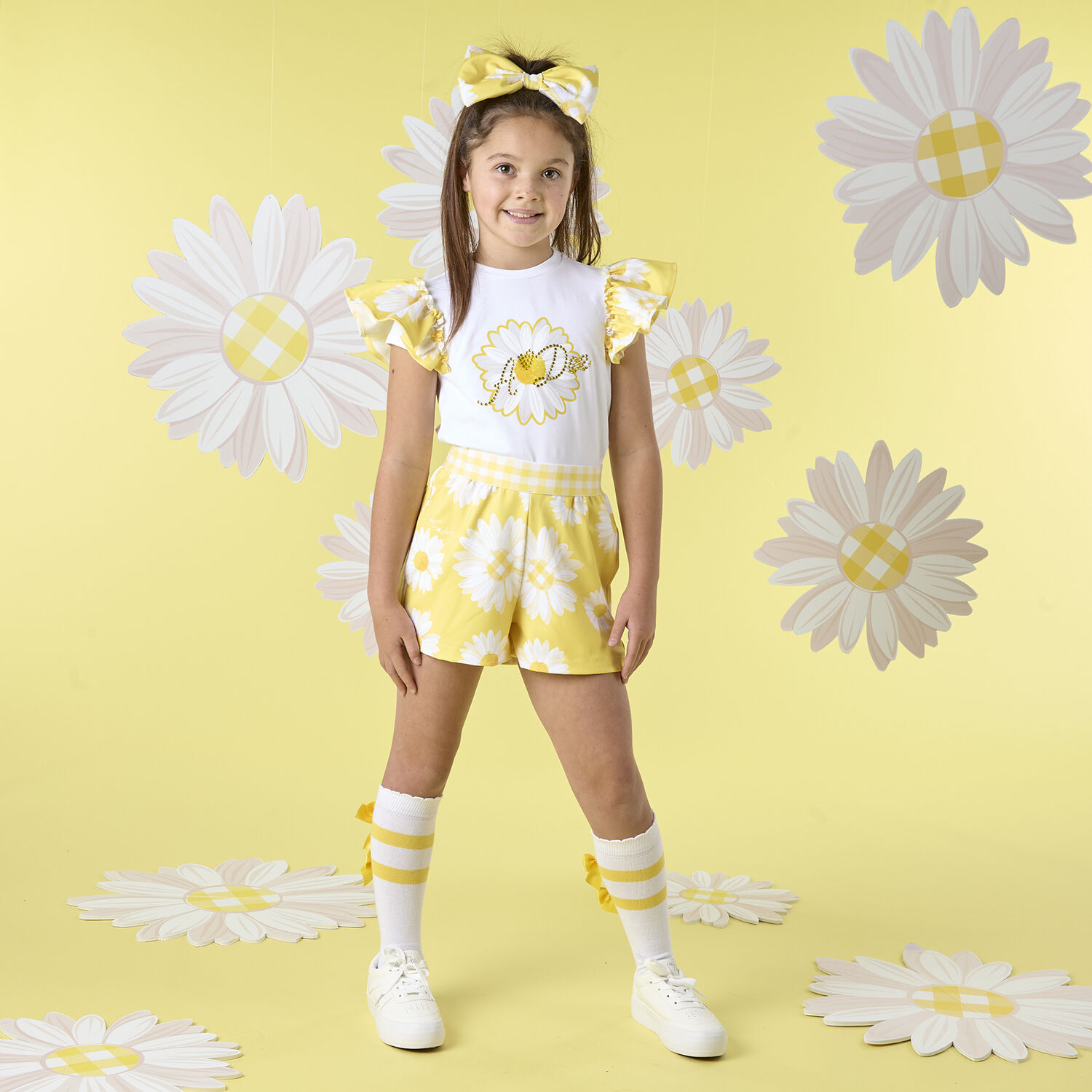 Girls White & Yellow Daisy Shorts Set, 1, hi-res image number null