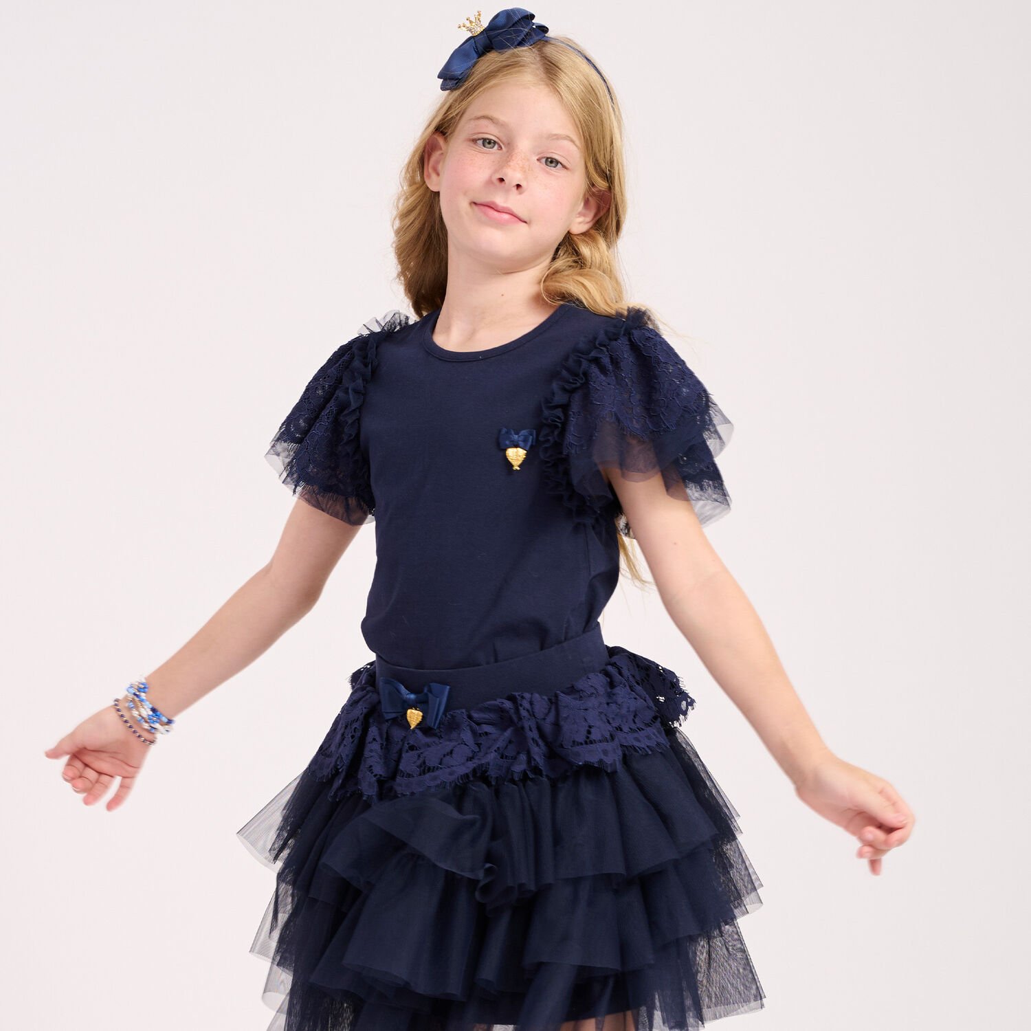 Girls Navy Lace Top, 2, hi-res