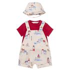 Baby Boys Red & Ivory Dungaree & Hat Set, 1, hi-res