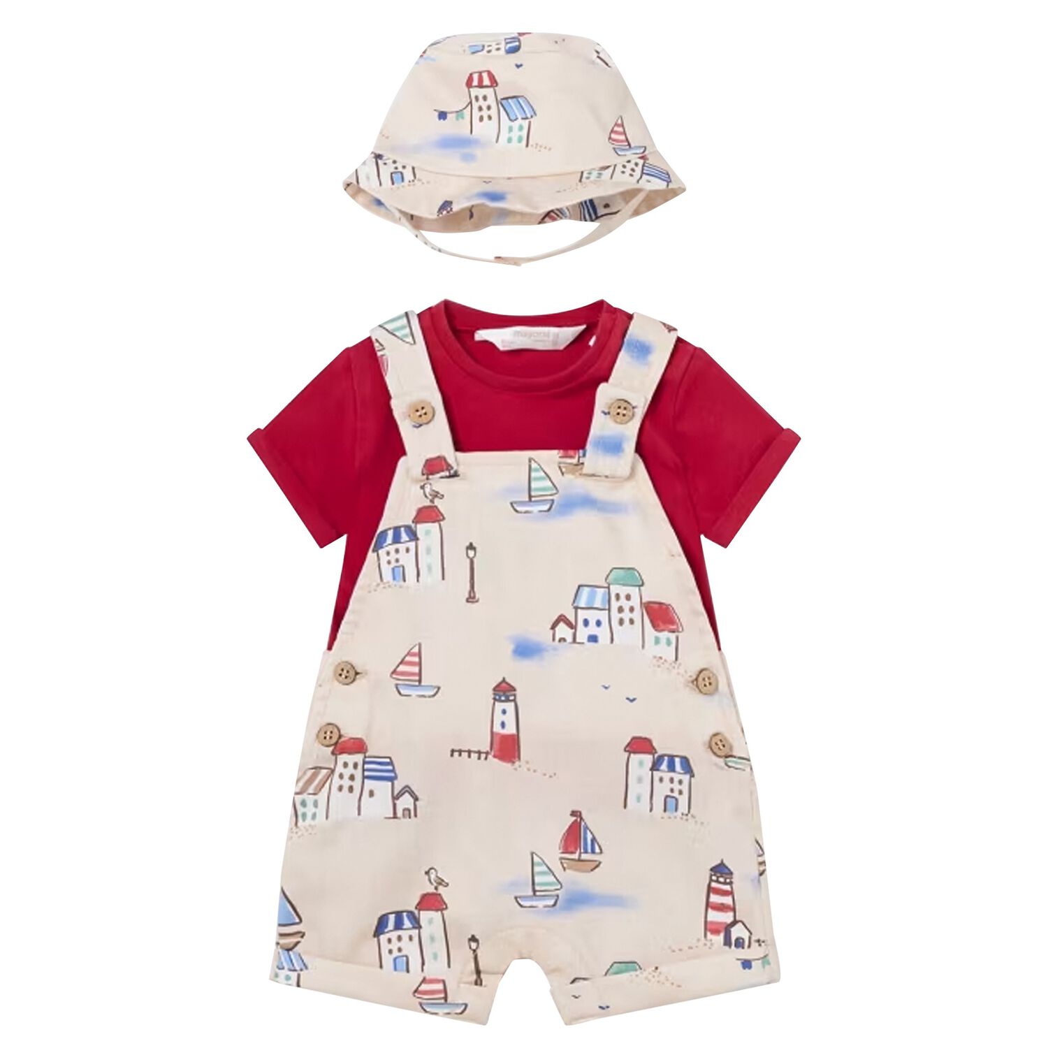 Baby Boys Red & Ivory Dungaree & Hat Set, 1, hi-res