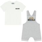 White & Grey Teddy Bear Logo Dungaree Set, 2, hi-res